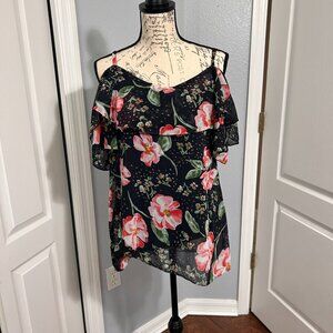 Cabi 5220 Floral Cold Shoulder Blouse Womens Medium Ruffle Navy Pink